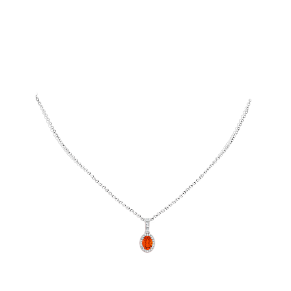 7x5mm AAA Vintage Style Oval Fire Opal Halo Pendant in White Gold body-neck