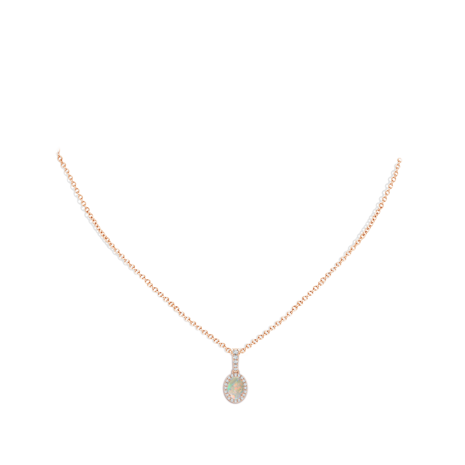 7x5mm AAAA Vintage Style Oval Opal Halo Pendant in Rose Gold body-neck