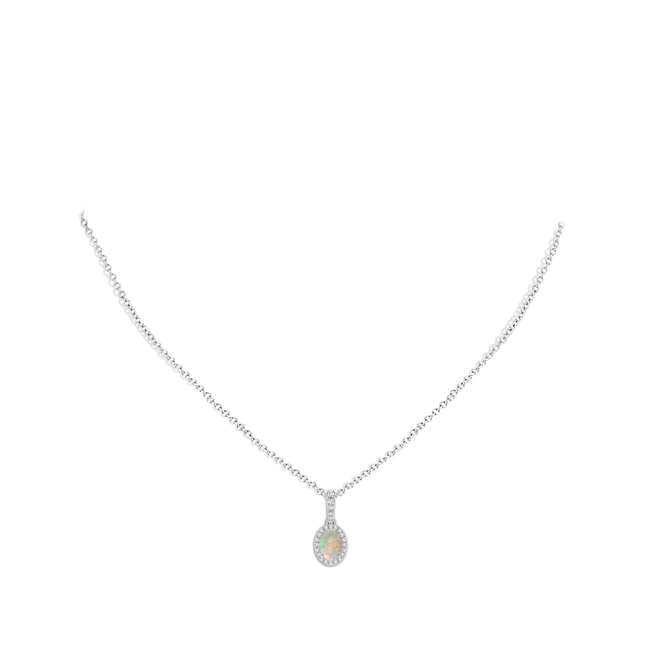 7x5mm AAAA Vintage Style Oval Opal Halo Pendant in White Gold body-neck
