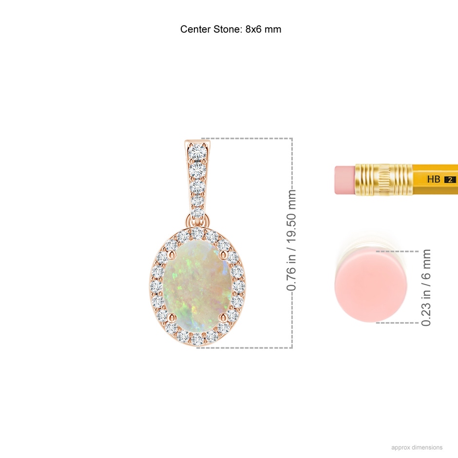 8x6mm AAA Vintage Style Oval Opal Halo Pendant in Rose Gold ruler