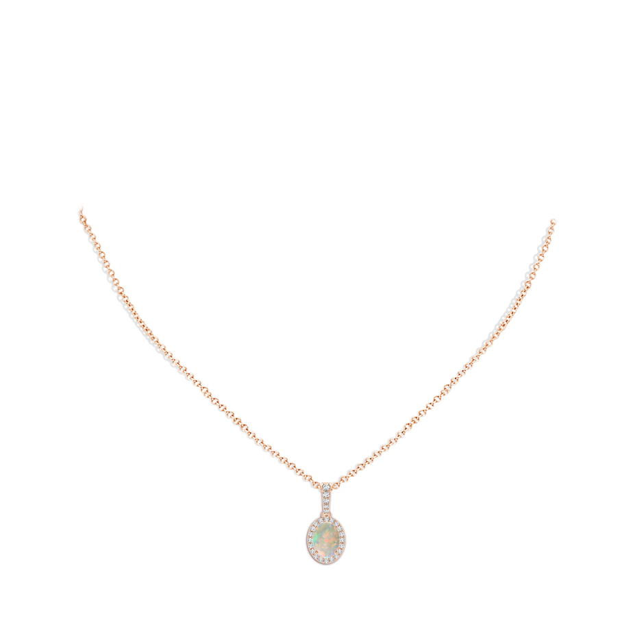 8x6mm AAAA Vintage Style Oval Opal Halo Pendant in Rose Gold body-neck