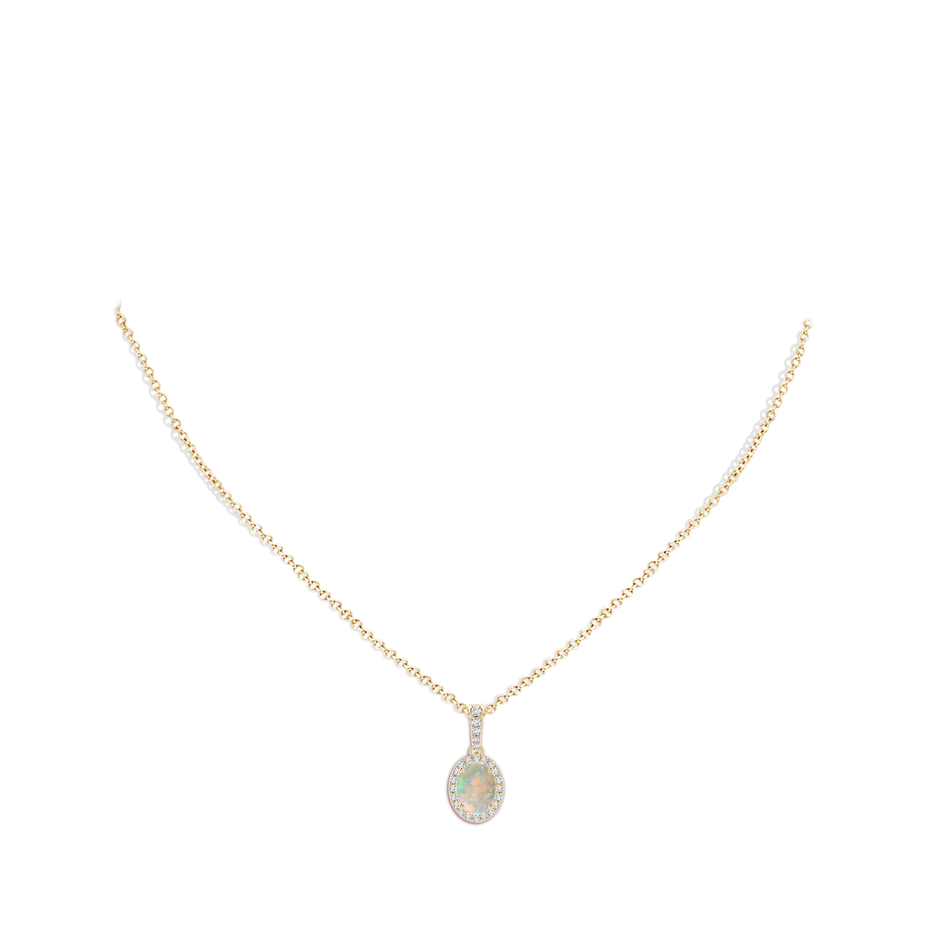 8x6mm AAAA Vintage Style Oval Opal Halo Pendant in Yellow Gold body-neck
