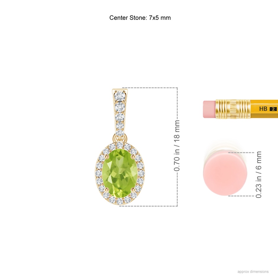 7x5mm AA Vintage Style Oval Peridot Halo Pendant in Yellow Gold ruler