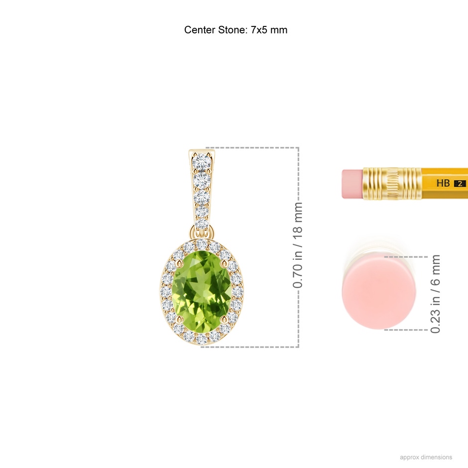 7x5mm AAA Vintage Style Oval Peridot Halo Pendant in Yellow Gold ruler