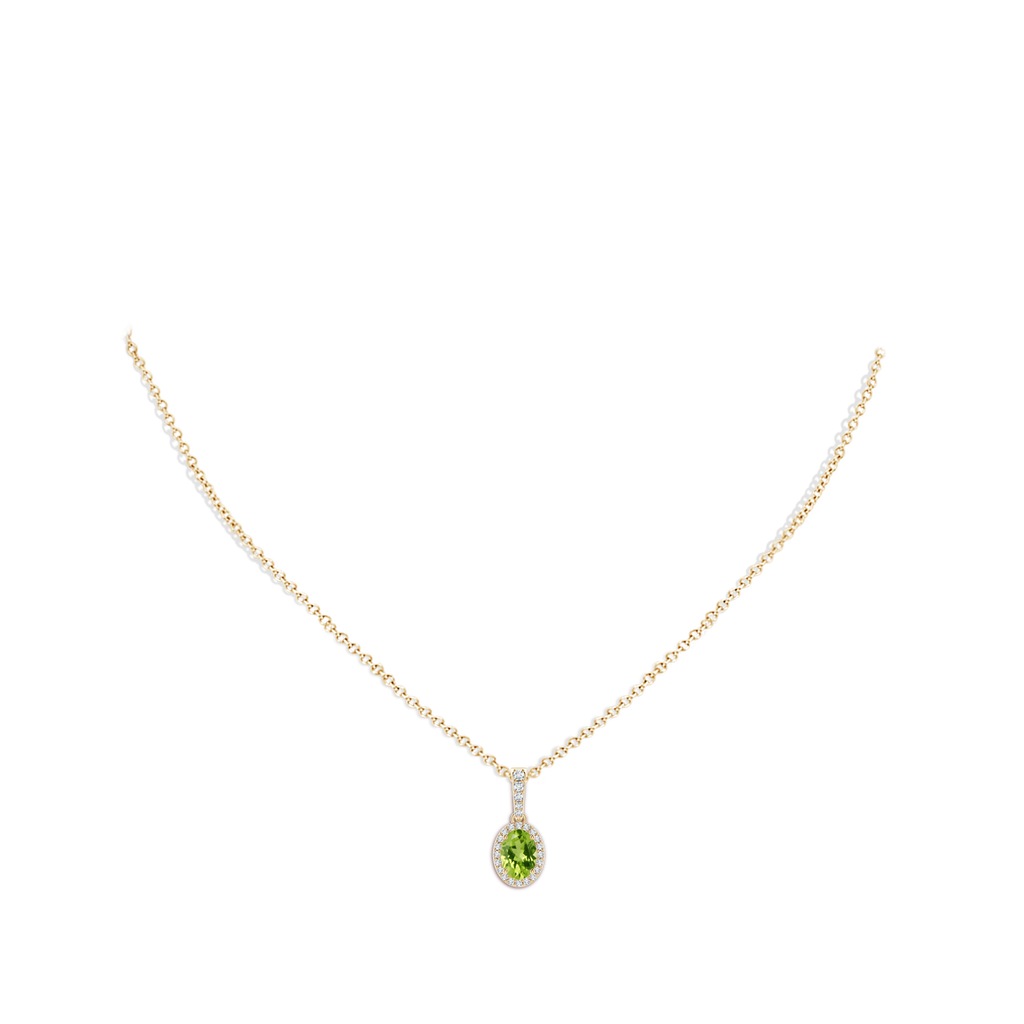 7x5mm AAA Vintage Style Oval Peridot Halo Pendant in Yellow Gold Body-Neck