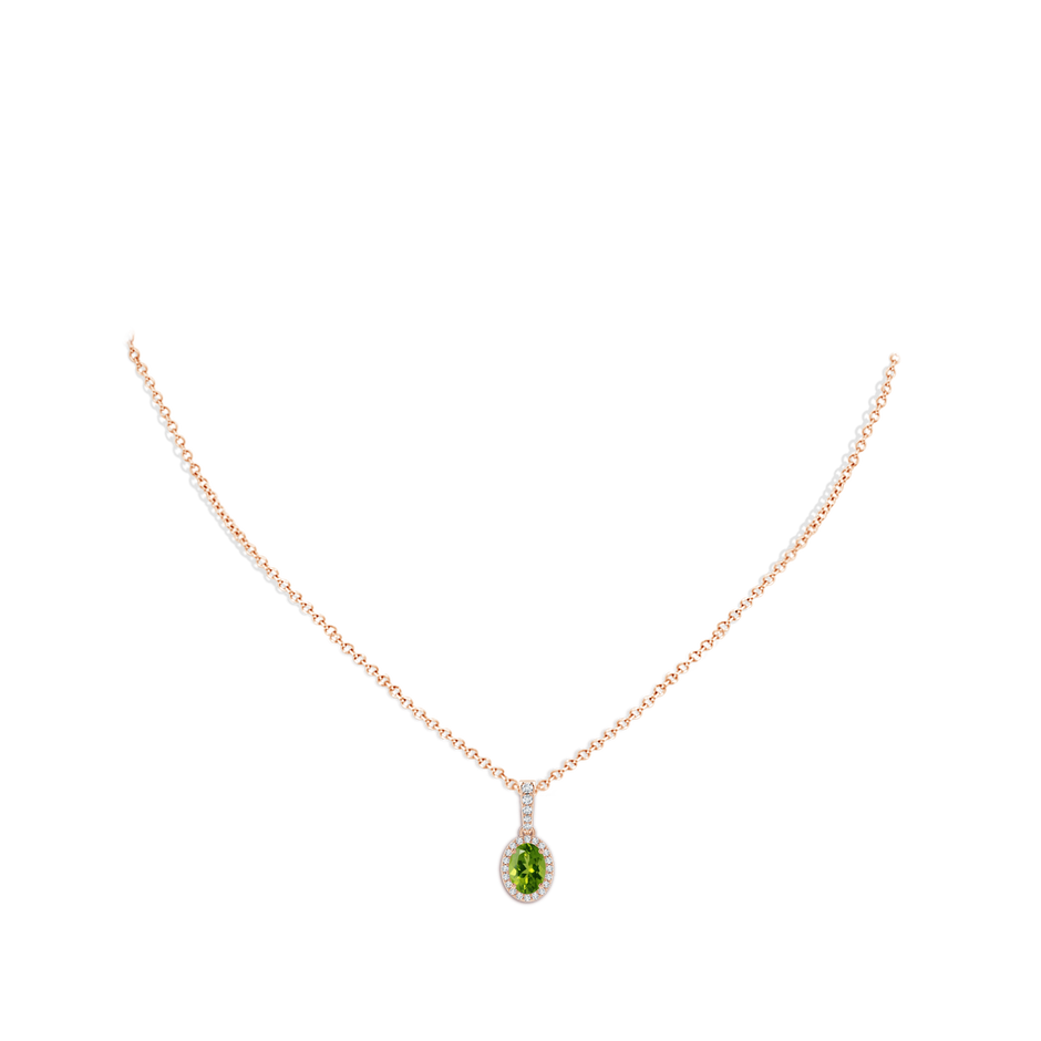 7x5mm AAAA Vintage Style Oval Peridot Halo Pendant in Rose Gold body-neck