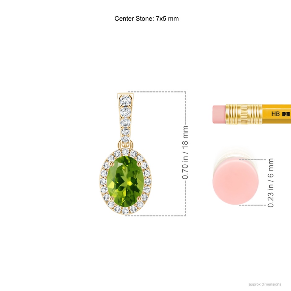 7x5mm AAAA Vintage Style Oval Peridot Halo Pendant in Yellow Gold ruler