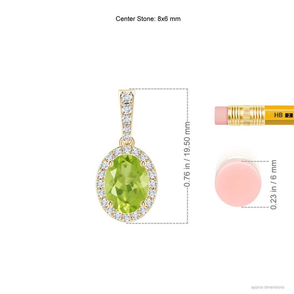 8x6mm AA Vintage Style Oval Peridot Halo Pendant in Yellow Gold ruler