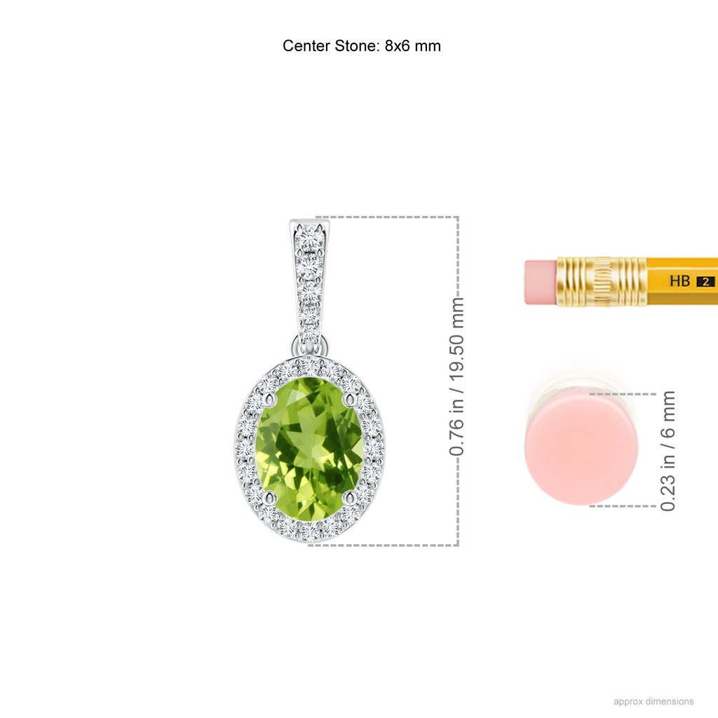 8x6mm AAA Vintage Style Oval Peridot Halo Pendant in White Gold Ruler