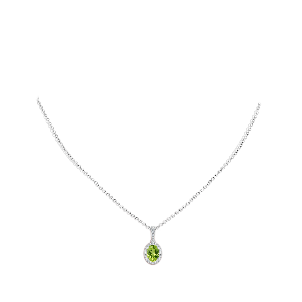 8x6mm AAA Vintage Style Oval Peridot Halo Pendant in White Gold Body-Neck