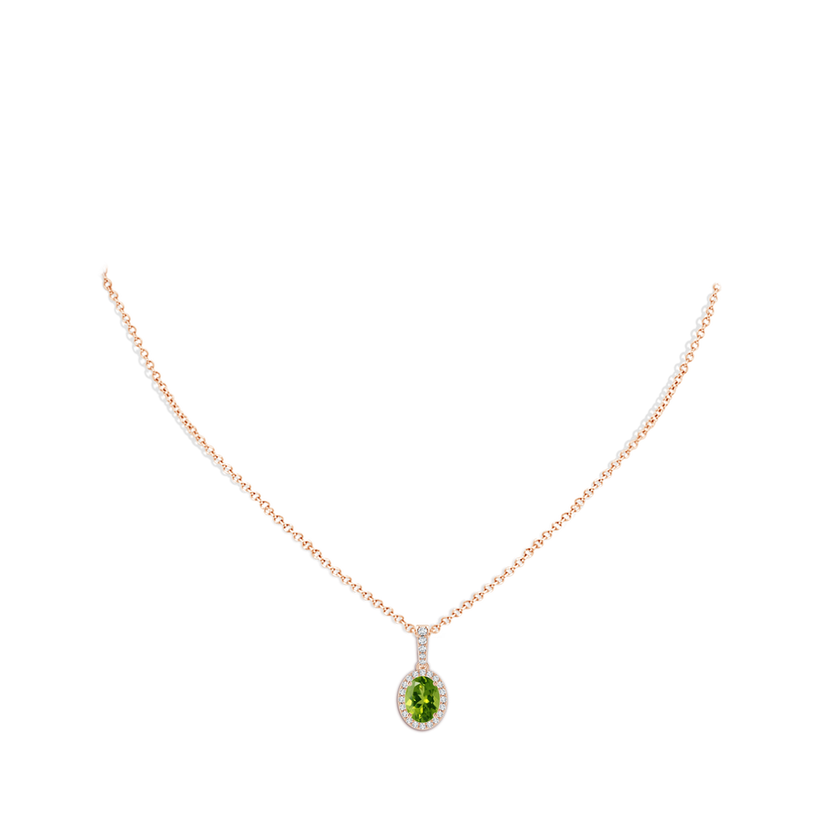 8x6mm AAAA Vintage Style Oval Peridot Halo Pendant in Rose Gold body-neck