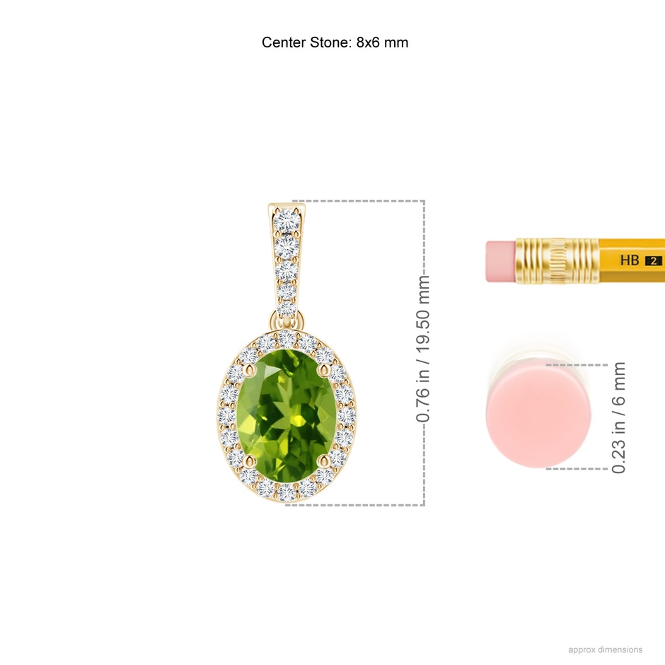 8x6mm AAAA Vintage Style Oval Peridot Halo Pendant in Yellow Gold ruler