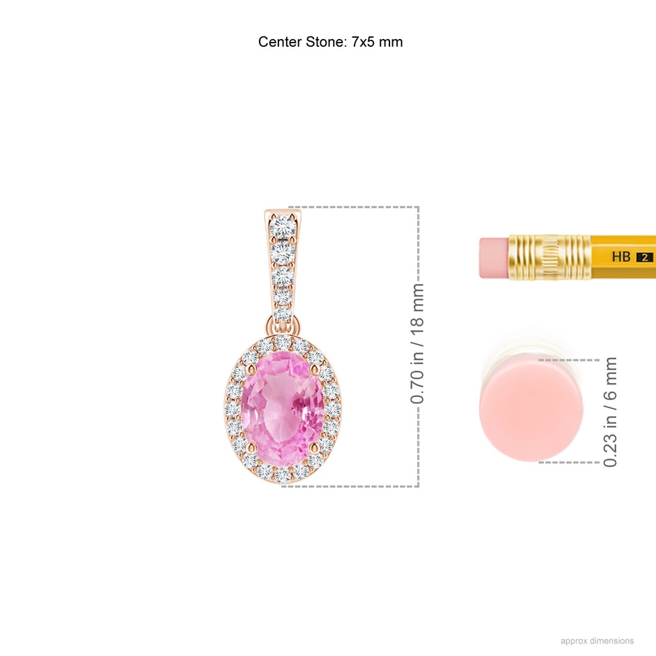 7x5mm A Vintage Style Oval Pink Sapphire Halo Pendant in 9K Rose Gold ruler