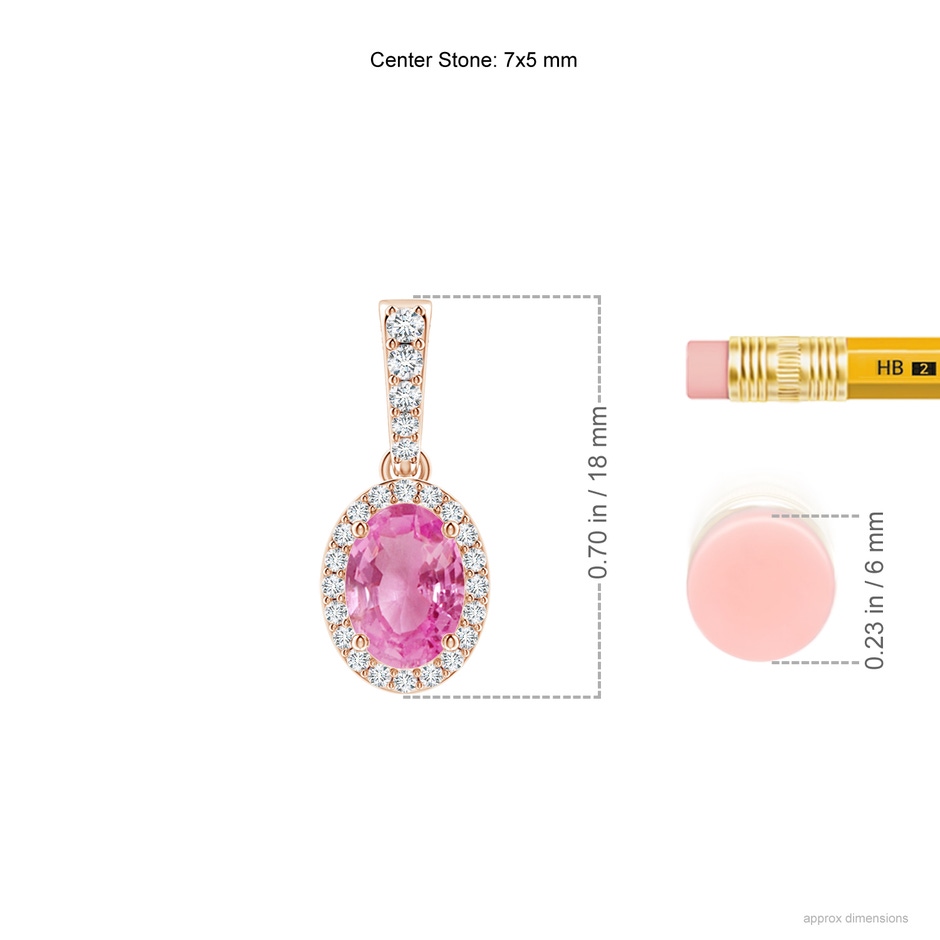 7x5mm AA Vintage Style Oval Pink Sapphire Halo Pendant in Rose Gold ruler
