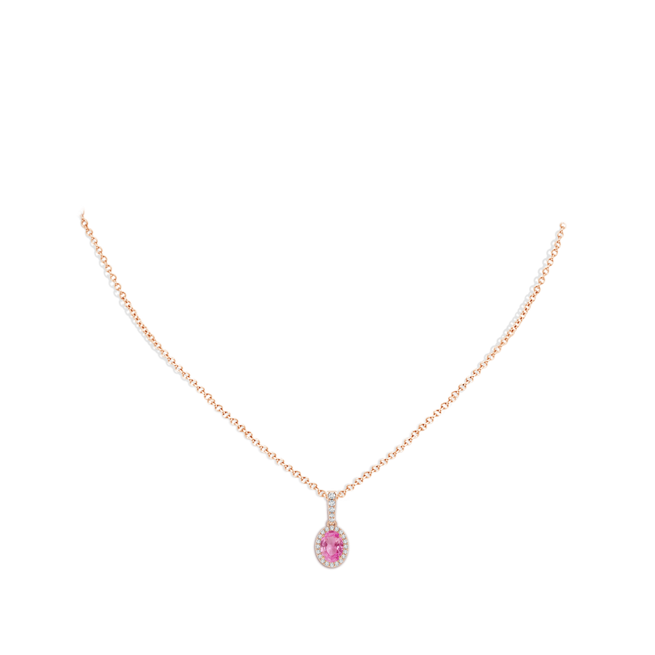 7x5mm AA Vintage Style Oval Pink Sapphire Halo Pendant in Rose Gold body-neck