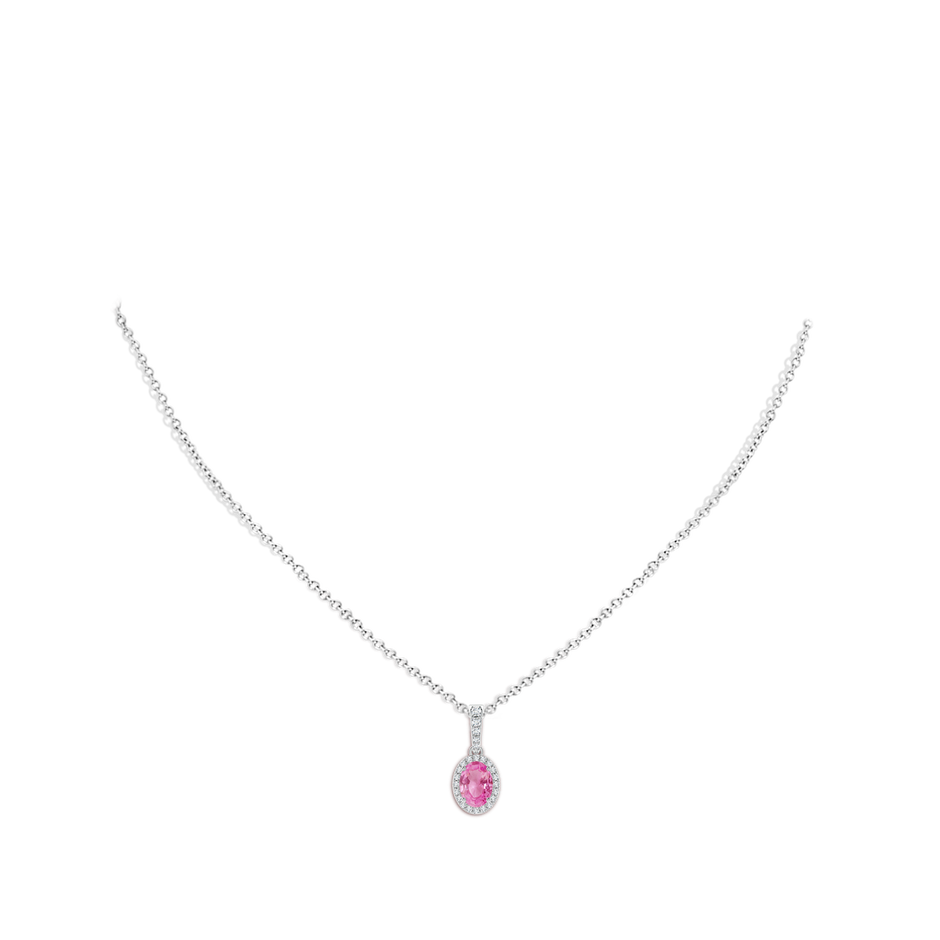 7x5mm AA Vintage Style Oval Pink Sapphire Halo Pendant in White Gold body-neck