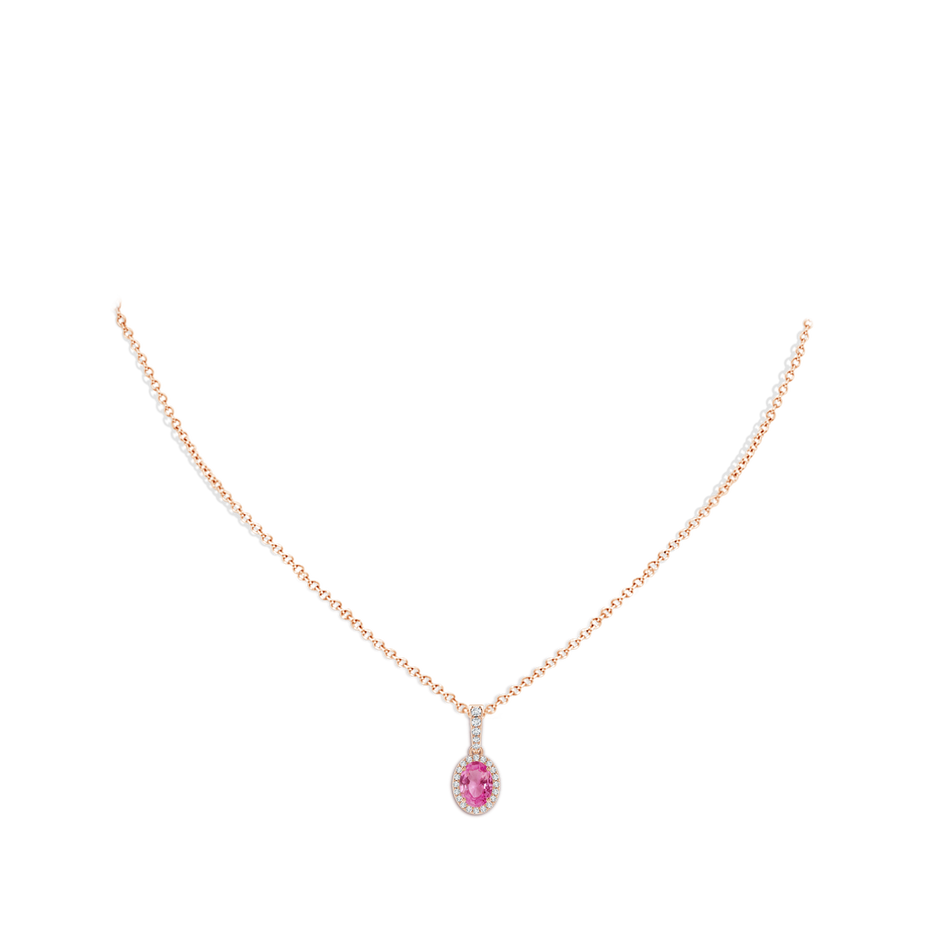7x5mm AAA Vintage Style Oval Pink Sapphire Halo Pendant in Rose Gold body-neck