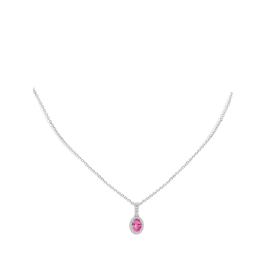 7x5mm AAA Vintage Style Oval Pink Sapphire Halo Pendant in White Gold body-neck