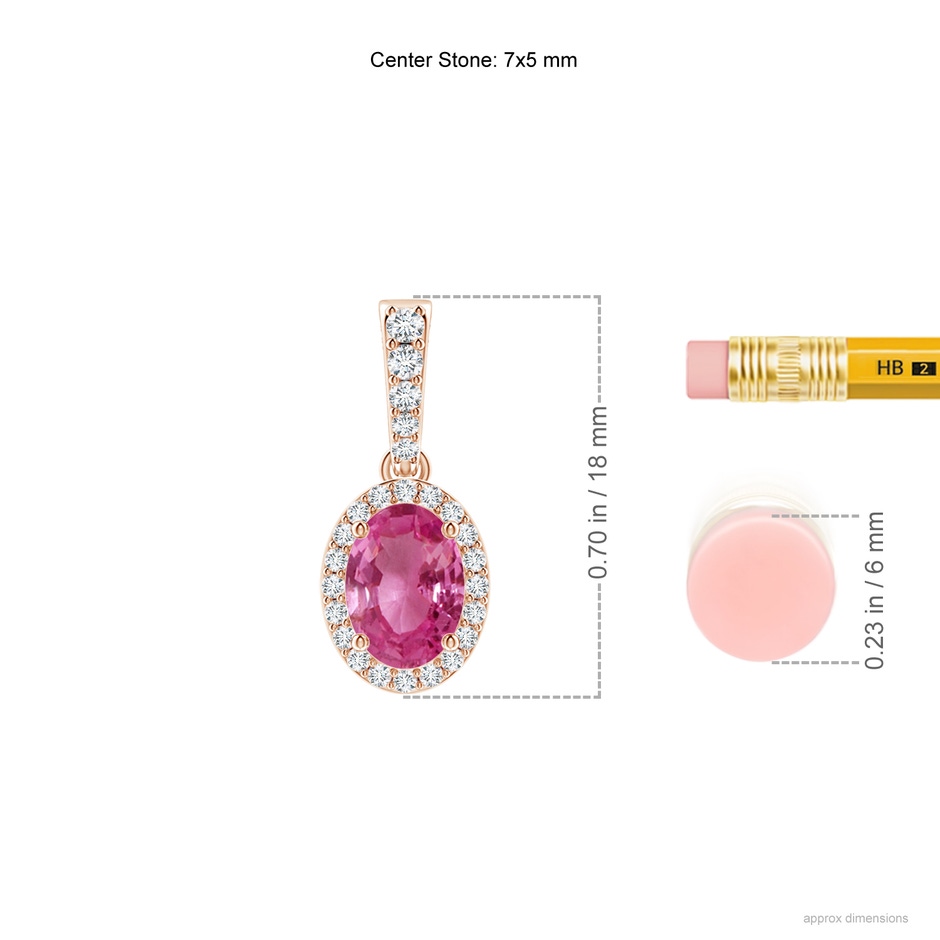 7x5mm AAAA Vintage Style Oval Pink Sapphire Halo Pendant in Rose Gold ruler