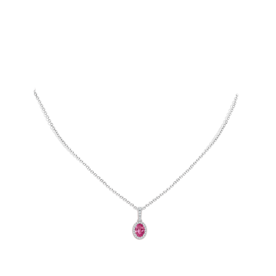 7x5mm AAAA Vintage Style Oval Pink Sapphire Halo Pendant in White Gold body-neck