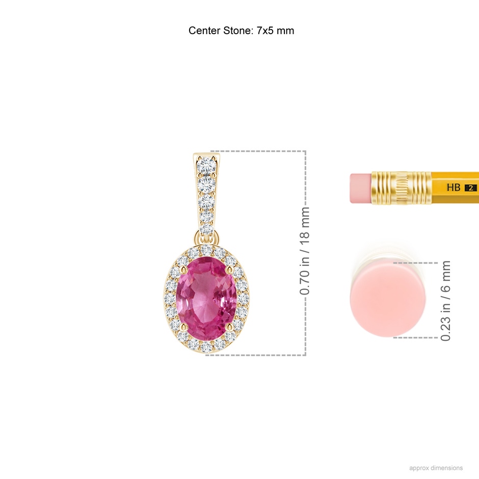 7x5mm AAAA Vintage Style Oval Pink Sapphire Halo Pendant in Yellow Gold ruler