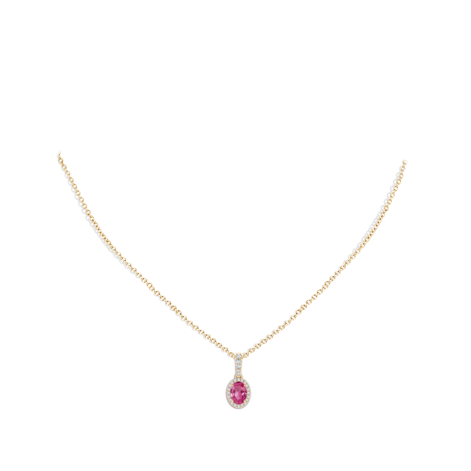 7x5mm AAAA Vintage Style Oval Pink Sapphire Halo Pendant in Yellow Gold body-neck