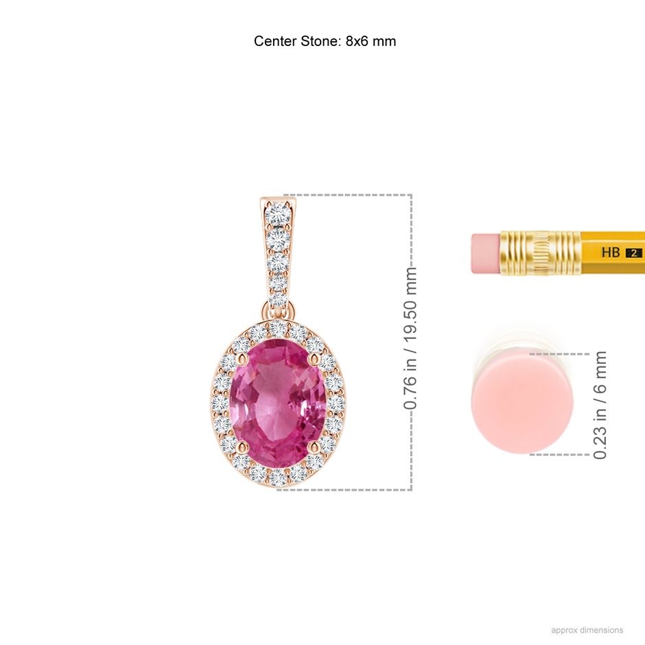 8x6mm AAAA Vintage Style Oval Pink Sapphire Halo Pendant in Rose Gold ruler