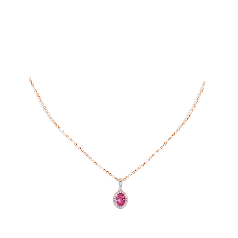 8x6mm AAAA Vintage Style Oval Pink Sapphire Halo Pendant in Rose Gold body-neck