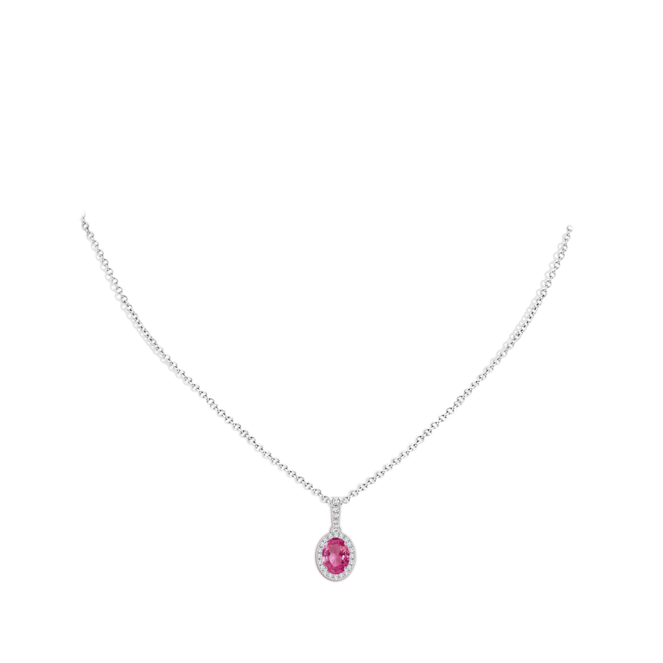 8x6mm AAAA Vintage Style Oval Pink Sapphire Halo Pendant in White Gold body-neck