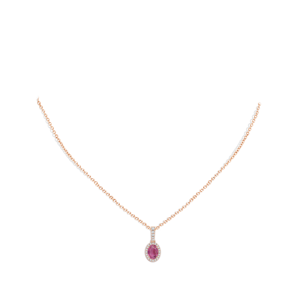 7x5mm AAA Vintage Style Oval Pink Tourmaline Halo Pendant in Rose Gold Body-Neck
