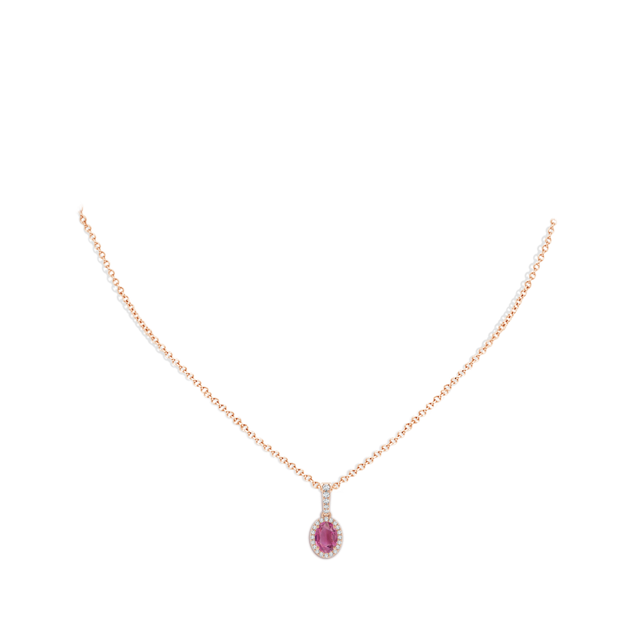 7x5mm AAA Vintage Style Oval Pink Tourmaline Halo Pendant in Rose Gold body-neck