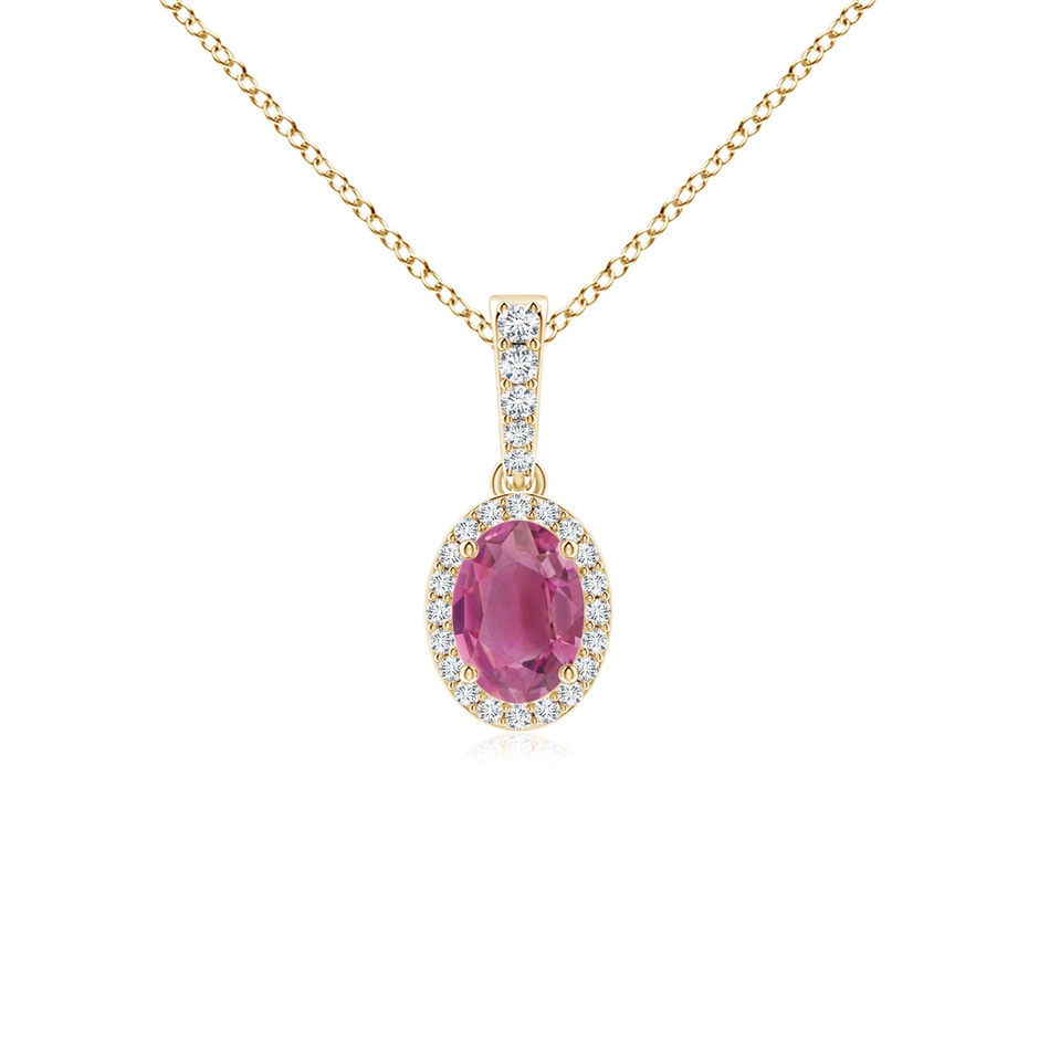 7x5mm AAA Vintage Style Oval Pink Tourmaline Halo Pendant in Yellow Gold 