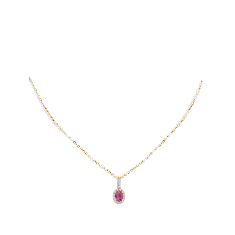 7x5mm AAA Vintage Style Oval Pink Tourmaline Halo Pendant in Yellow Gold body-neck