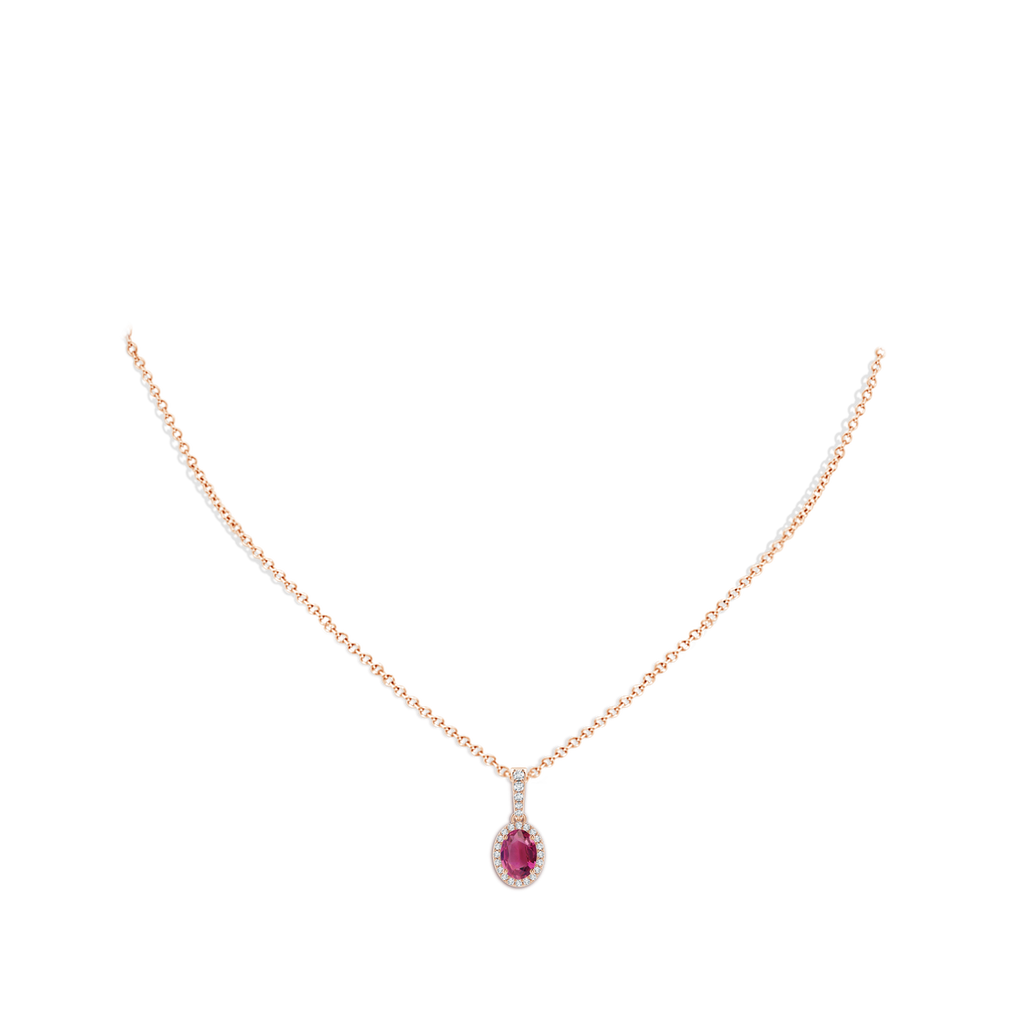7x5mm AAAA Vintage Style Oval Pink Tourmaline Halo Pendant in Rose Gold Body-Neck