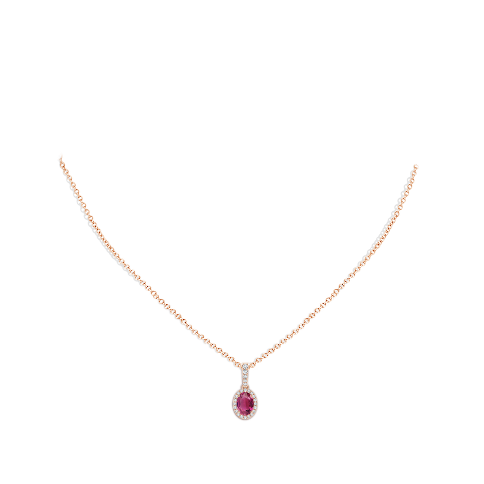 7x5mm AAAA Vintage Style Oval Pink Tourmaline Halo Pendant in Rose Gold body-neck
