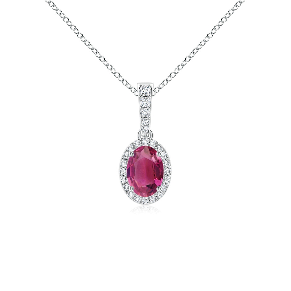 7x5mm AAAA Vintage Style Oval Pink Tourmaline Halo Pendant in White Gold 
