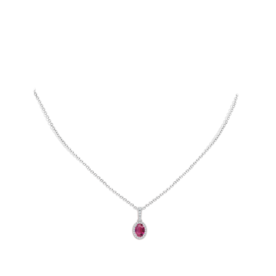 7x5mm AAAA Vintage Style Oval Pink Tourmaline Halo Pendant in White Gold body-neck