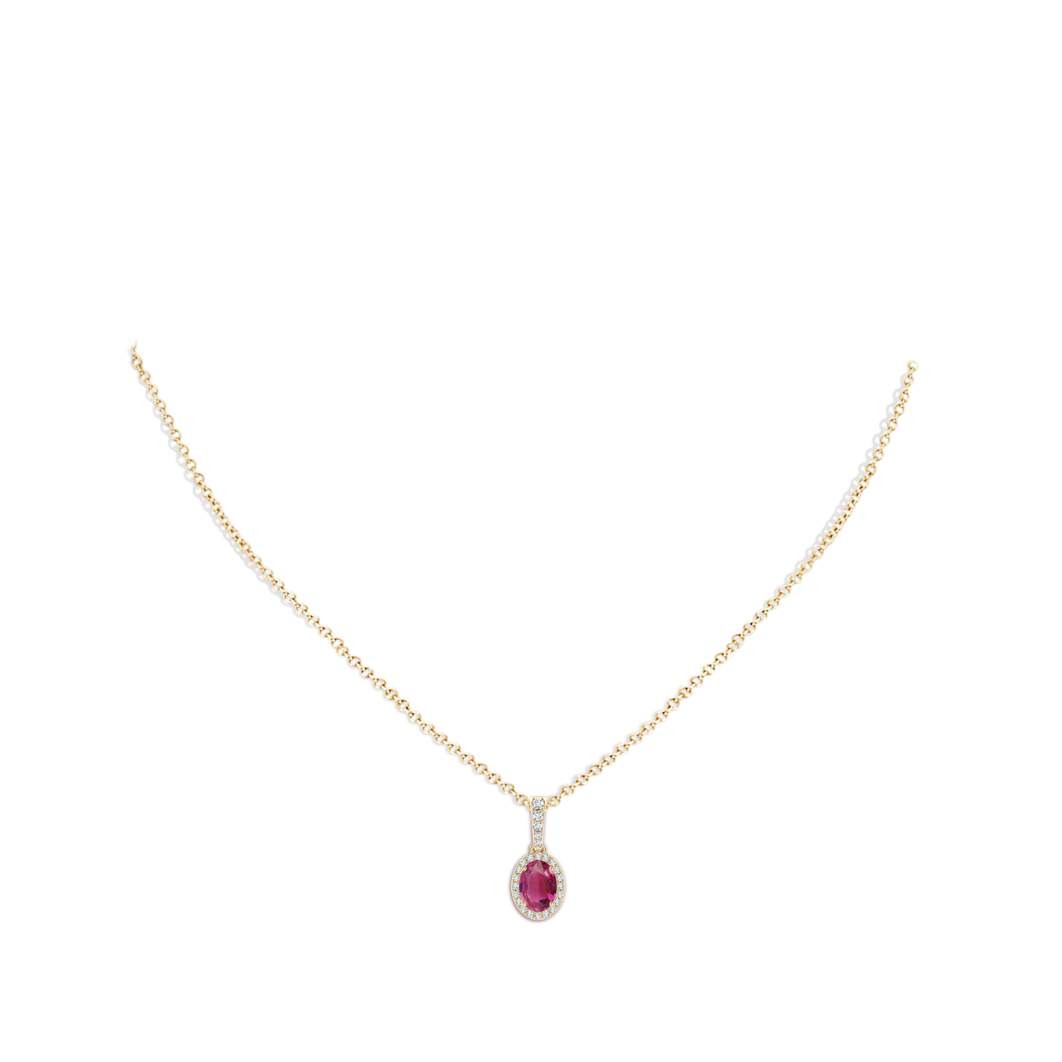 7x5mm AAAA Vintage Style Oval Pink Tourmaline Halo Pendant in Yellow Gold - body_neck
