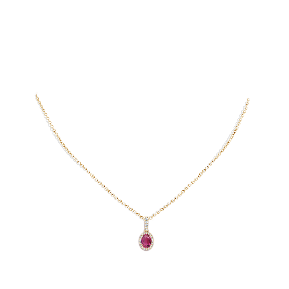 7x5mm AAAA Vintage Style Oval Pink Tourmaline Halo Pendant in Yellow Gold body-neck