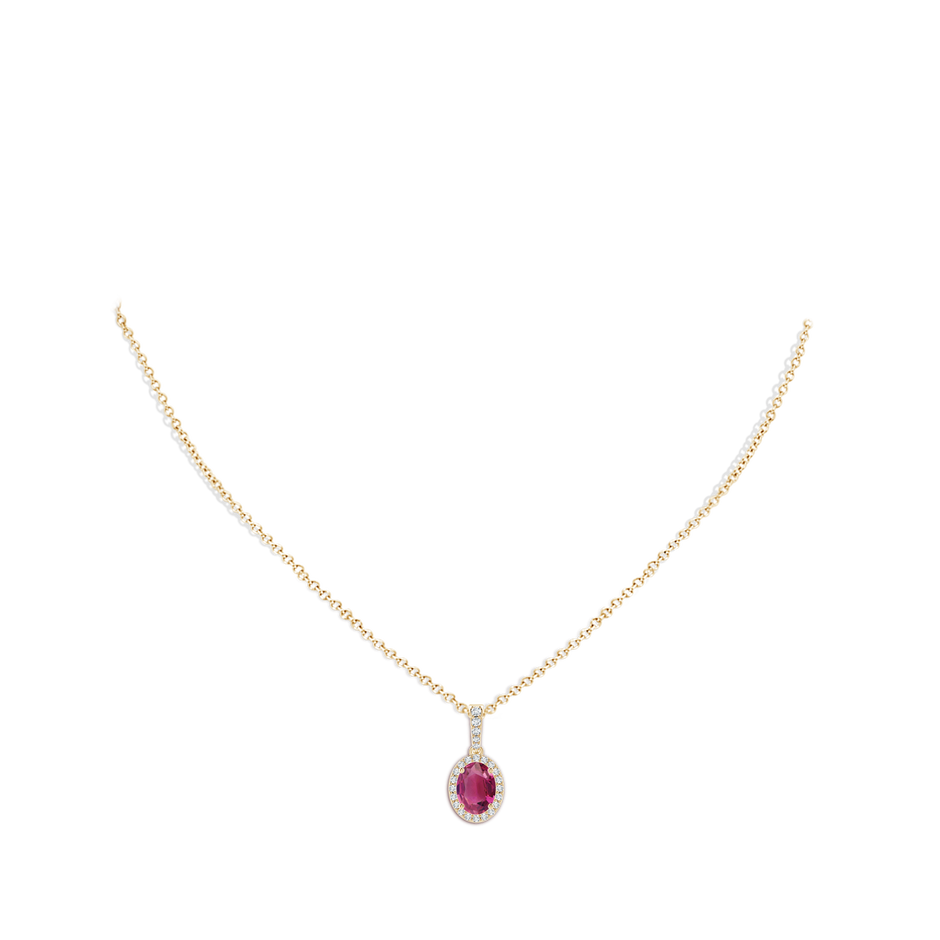 8x6mm AAAA Vintage Style Oval Pink Tourmaline Halo Pendant in Yellow Gold body-neck