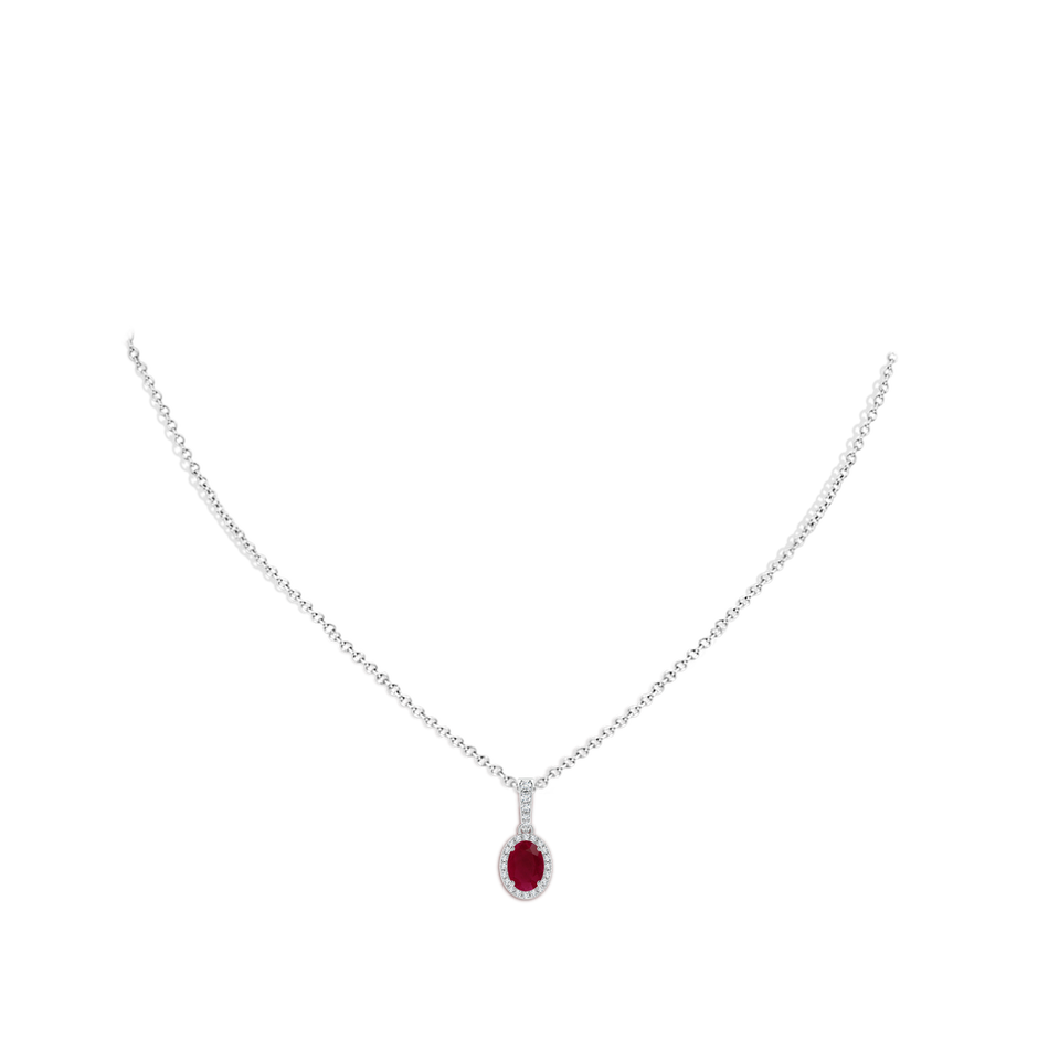 7x5mm A Vintage Style Oval Ruby Halo Pendant in White Gold body-neck