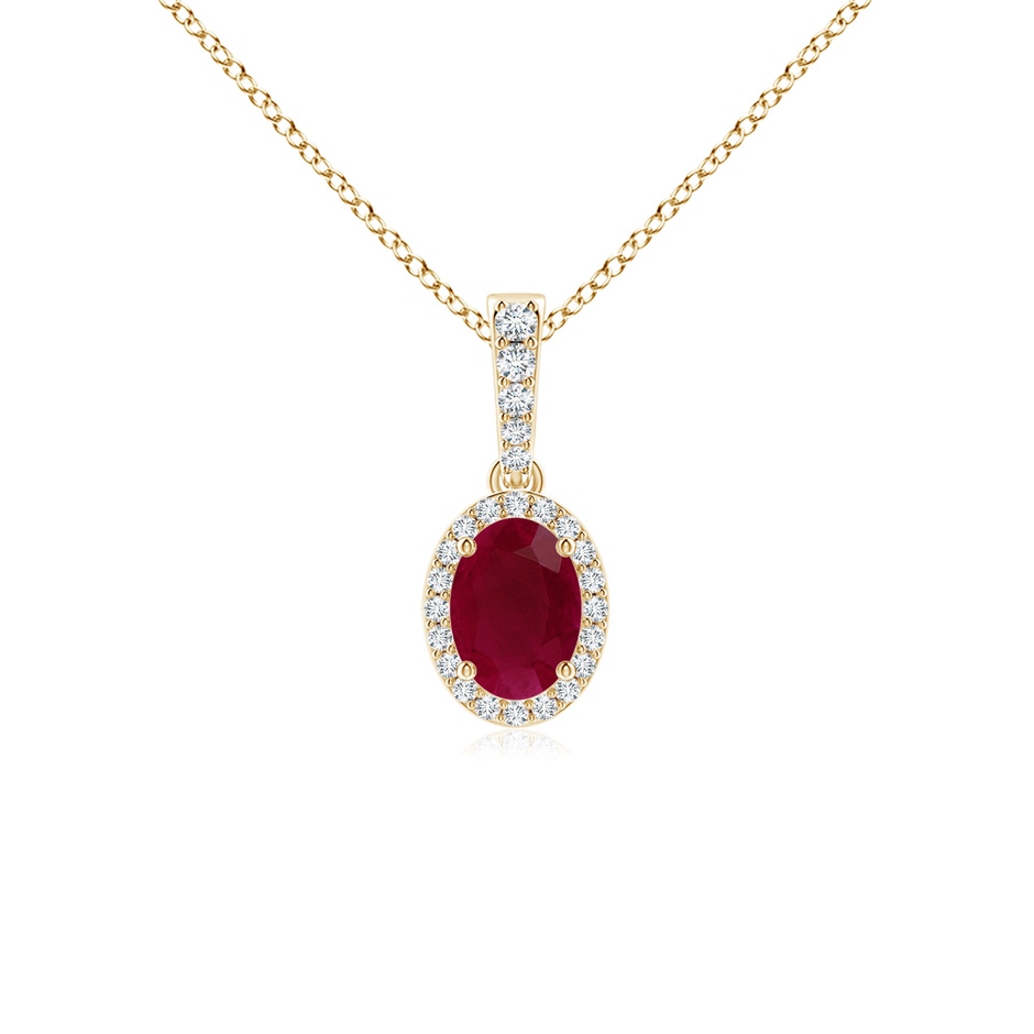 7x5mm A Vintage Style Oval Ruby Halo Pendant in Yellow Gold 