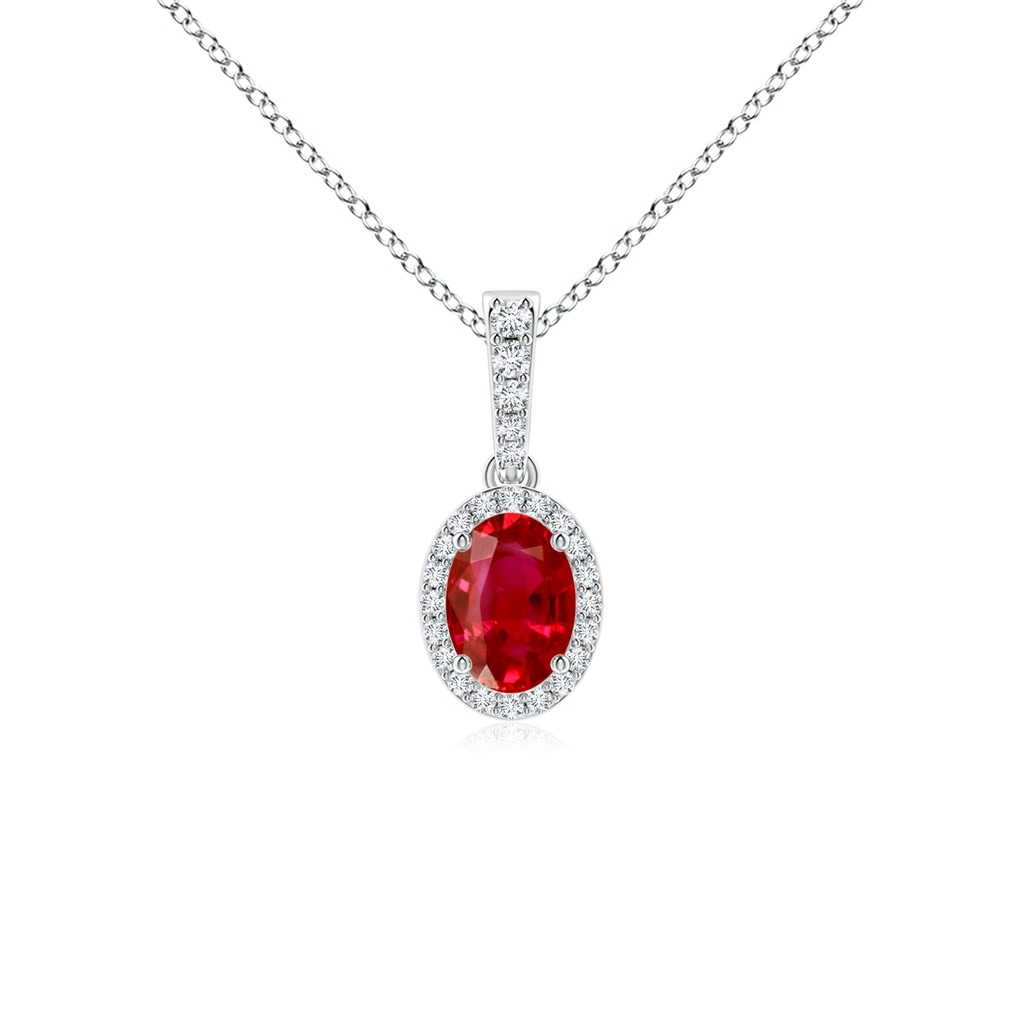 7x5mm AAA Vintage Style Oval Ruby Halo Pendant in White Gold