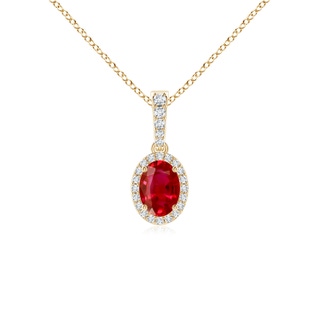 7x5mm AAA Vintage Style Oval Ruby Halo Pendant in Yellow Gold