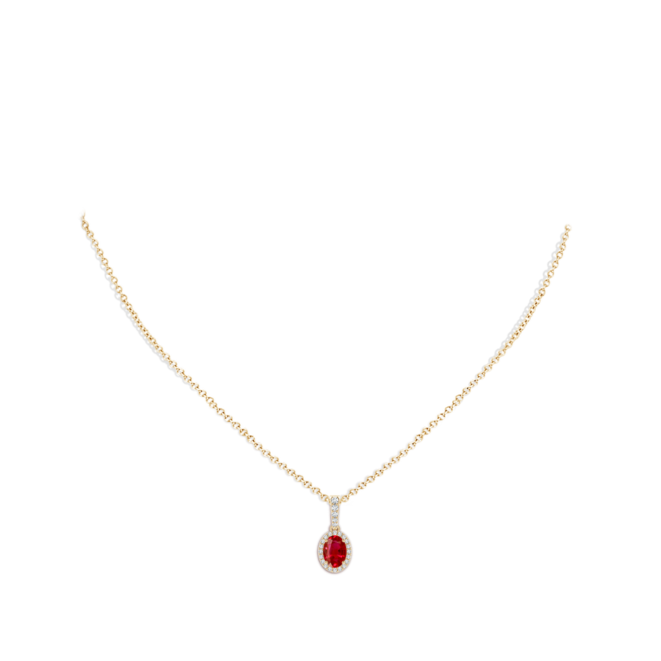 7x5mm AAA Vintage Style Oval Ruby Halo Pendant in Yellow Gold body-neck