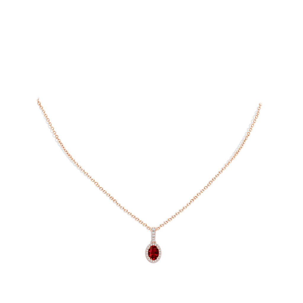 7x5mm AAAA Vintage Style Oval Ruby Halo Pendant in Rose Gold Body-Neck