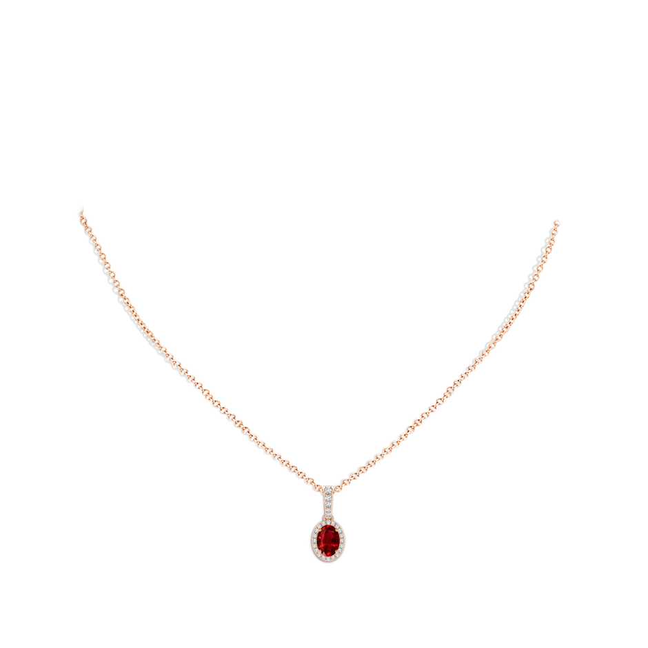 7x5mm AAAA Vintage Style Oval Ruby Halo Pendant in Rose Gold body-neck
