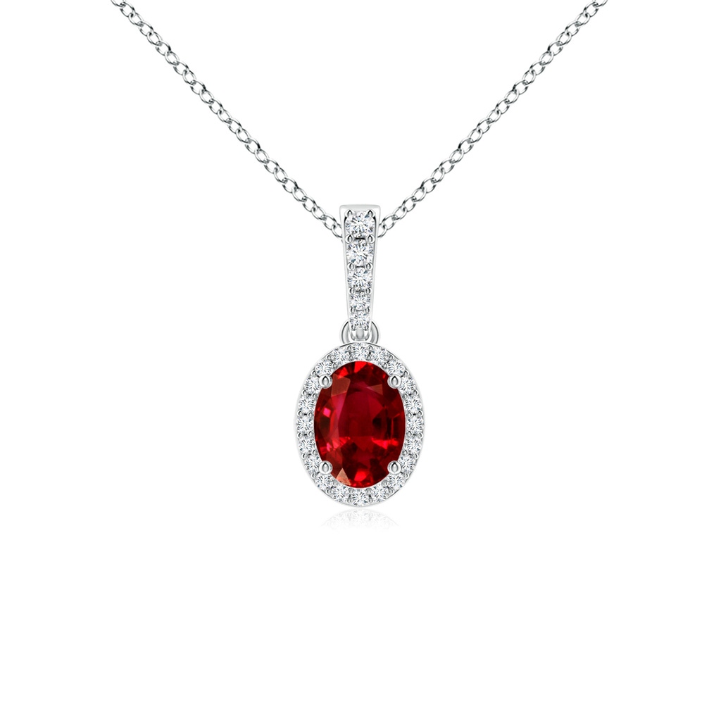 7x5mm AAAA Vintage Style Oval Ruby Halo Pendant in White Gold