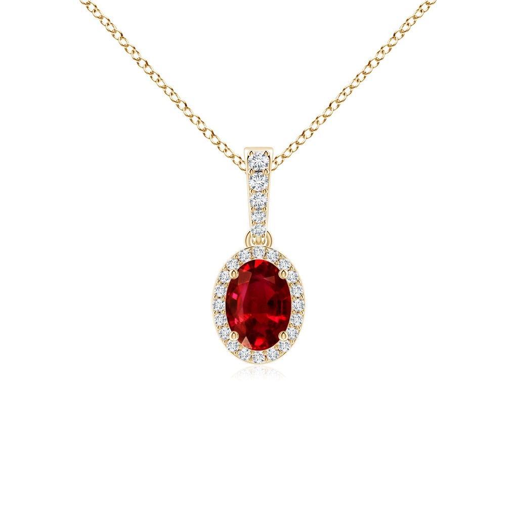 7x5mm AAAA Vintage Style Oval Ruby Halo Pendant in Yellow Gold