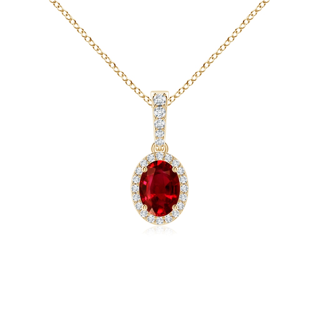 7x5mm AAAA Vintage Style Oval Ruby Halo Pendant in Yellow Gold